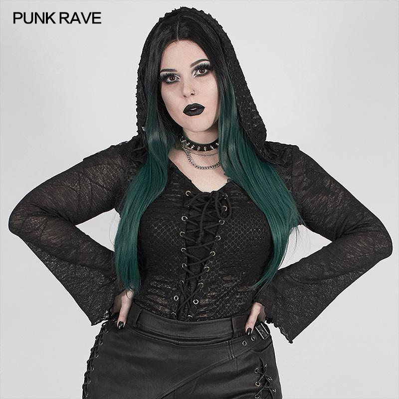 

Plus Size T-Shirt PUNK RAVE Women's Perspective Printed Dark Mesh Hooded Adjusted Eyelet Rope Gothic Tops Horn Shape Cuffs