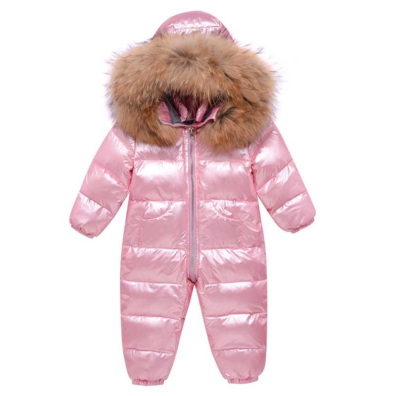 

Jumpsuits -30 Degree Russian Winter Baby Snowsuit Real Fur Waterproof Boys Rompers Born Jumpsuit Toddler Down Snow Suit, Black