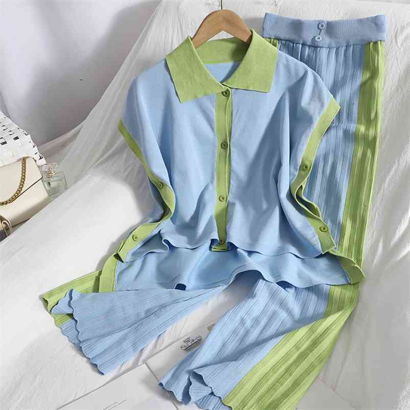 

Summer dress short and long breasted sleeveless vest top + Korean style pleated pants knitted two-piece suit female 210525, Blue