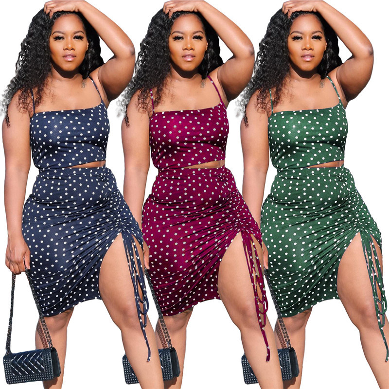 

Women Designer Polka Dot Two Piece Dress Spaghetti Strap Sleeveless Top Ruched Short Skirt Fashion High Waist 2pcs Set for Woman, White