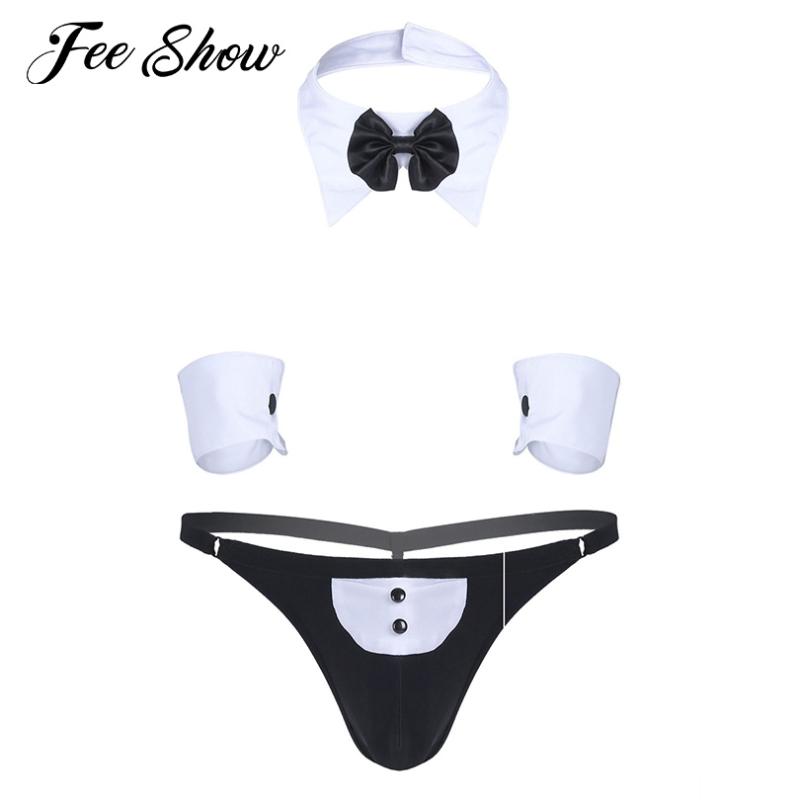 

Bras Sets 3Pcs Novelty Mens Waiter Tuxedo Exotic Lingerie Suit Sissy Panties Open Back G-string Thong Gay Underwear For Men Costumes, Black white