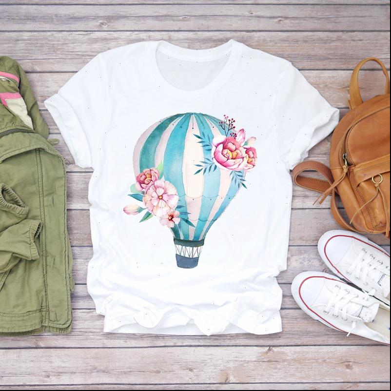 

printing girl balloon travel womens t shirts fashion 90s cute floral print graphic female tee shirt, White