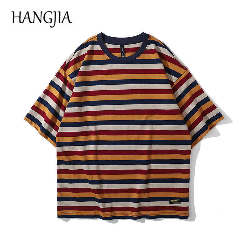

Harajuku Striped Printed Short-sleeved T-shirt for Men Women High Street Loose Casual Couple Fall Shoulder Round Neck Top Tshirt C0607, Yellow