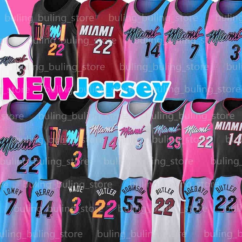 

2021 Jimmy 22 Butler Jersey Dwayne 3 Wade Tyler 14 Herro Kyle 7 Lowry Basketball Jerseys Dwyane Bam 13 Adebayo 55 Robinson Miamis Kendrick 25 Nunn Mens Blue Black 2022