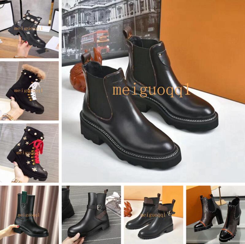 

2021 fashion designer ankle boots women shoes winter Doots ladies real leather little bee high top women's flat ankl e boot's plus box 35-42, Black
