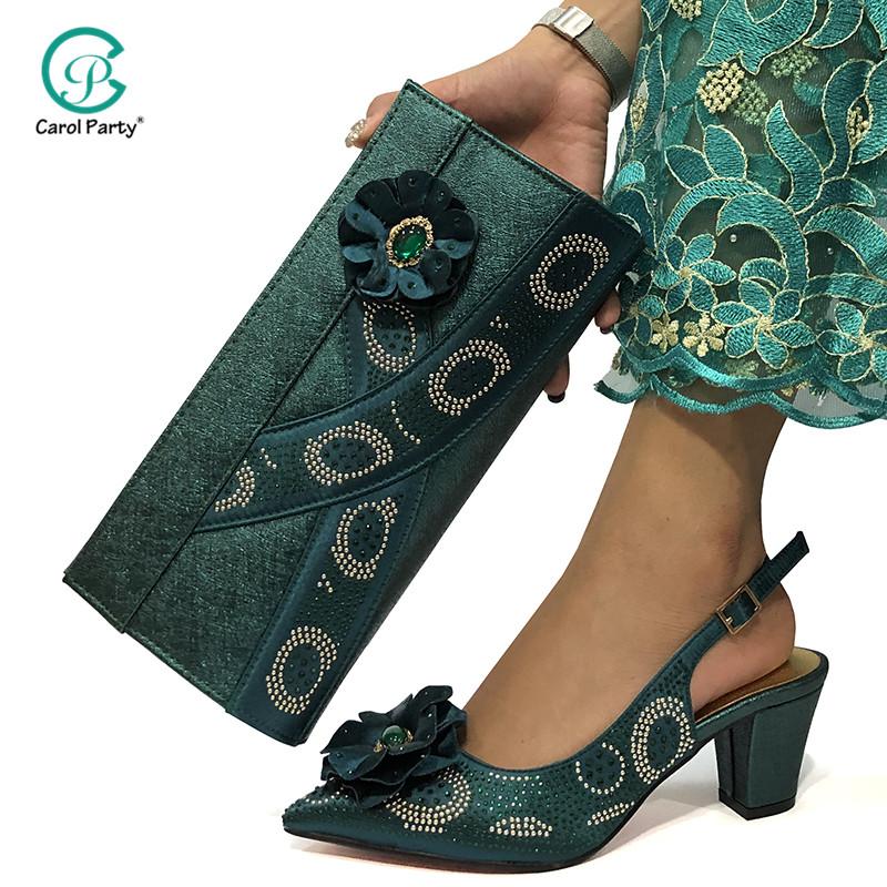 

Arrival Green Color African Women Matching Italian Design Shoes And Bag Set Decorated With Rhinestone For Party Wedding Dress, Black