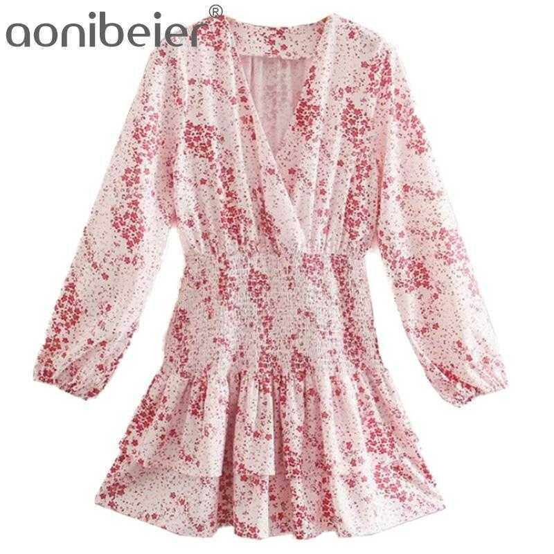

Women Za Pink Double Ruffles Dress Ditsy Floral Print Long Sleeve V-Neck Loose High Sweet Mini Vestidos Mujer 210604, As picture