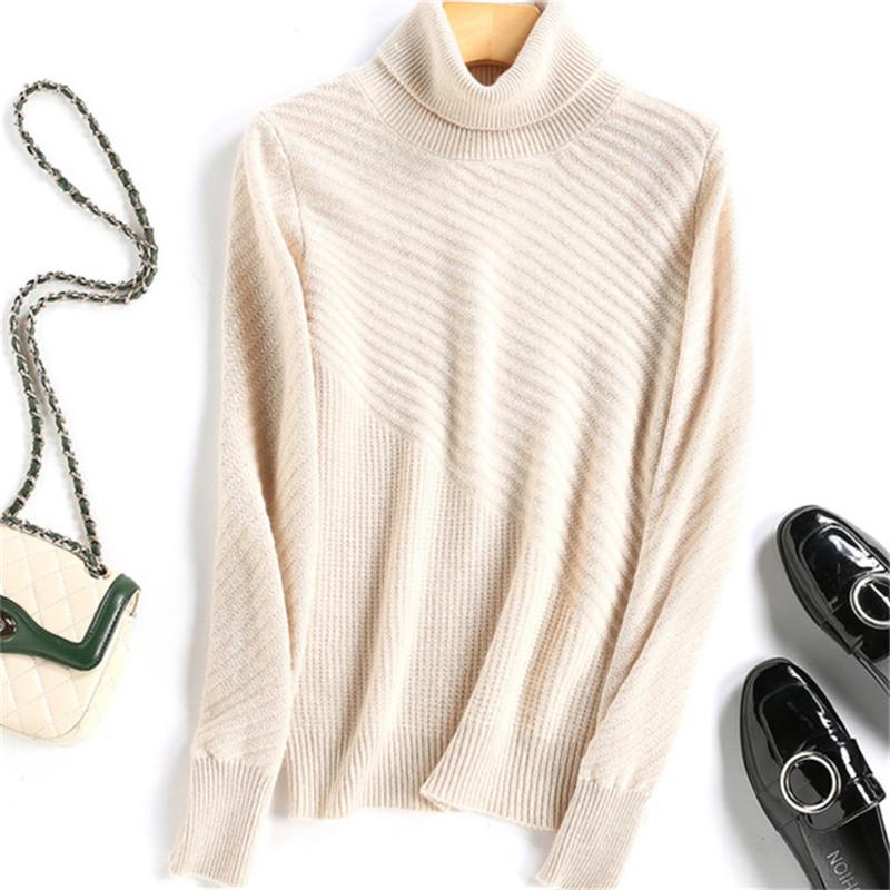 

100%cashmere Turtleneck Knit Women Fashion Solid Thick Slim Short Pullover Sweater -2XL Retail Wholesale Women' Sweaters, Beige