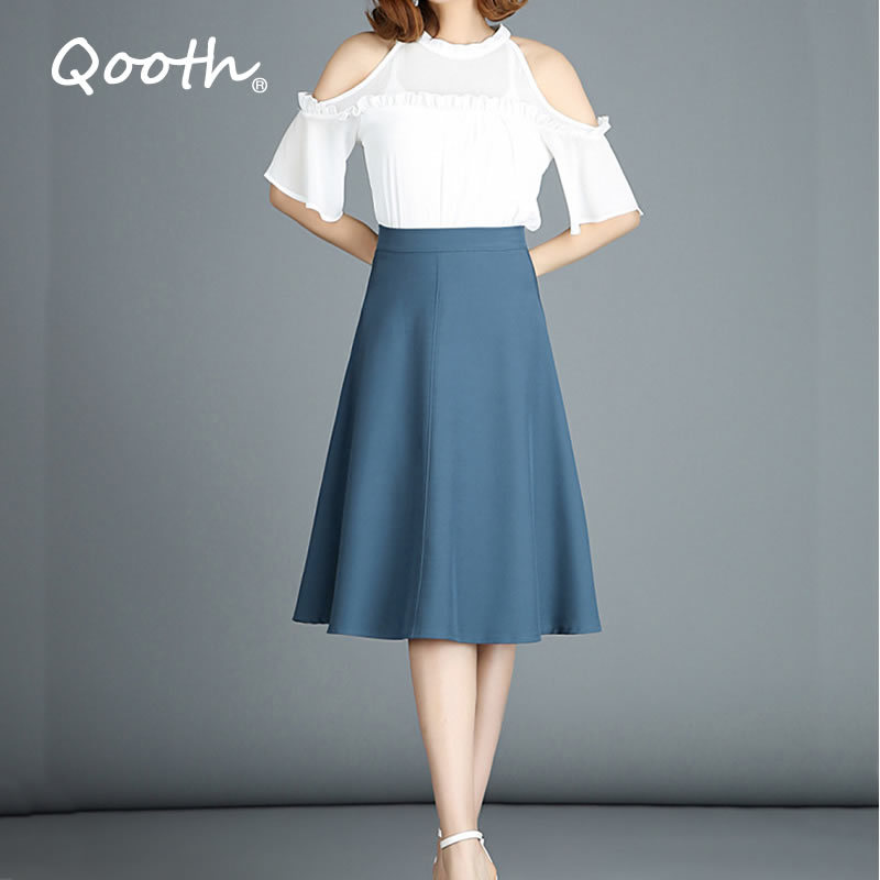 

Qooth Office Lady Plus Size Skirt Spring Summer Women's High Waist Mid-length Solid Color A-line Large Swing 2XL Skirt QT565 210518, Blue