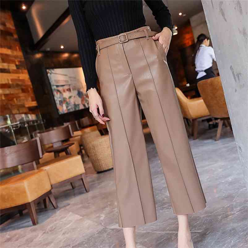 

Women's PU Leather Pants With Belt High Waisted Wide Leg Anke-length Trousers Winter Autumn Fashion Clothes 210524, Black