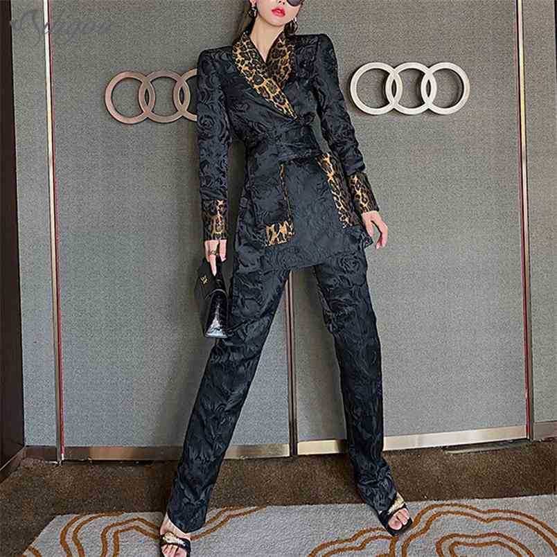 

Summer Suit High Quality Leopard Print Lapel Belt Blazer + Jacquard Long Two-Piece Pants Sexy Office Lady Set 210525