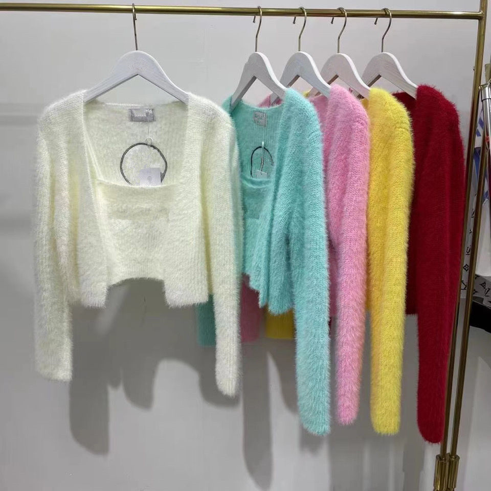 

Women knit cardigan Embroidery Sweaters ermine cashmere +vest two-piece spring and autumn new knitted top, Yellow