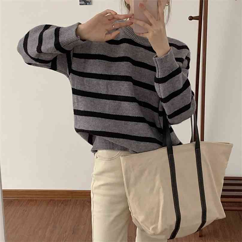

Knitted Retro Loose Elegant Chic Casual Tops Striped Color-Hit Women Knitwear Warm Streetwear Pullover Sweaters 210525, Photo color