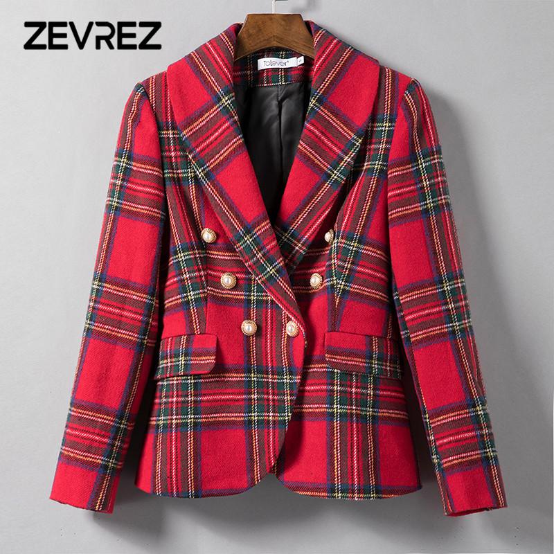 

Women' Suits & Blazers Zevrez Women Red Plaid Shawl Collar Tweed Blazer Double Breasted Pockets Female Loose Casual Outwear Chic Tops And J
