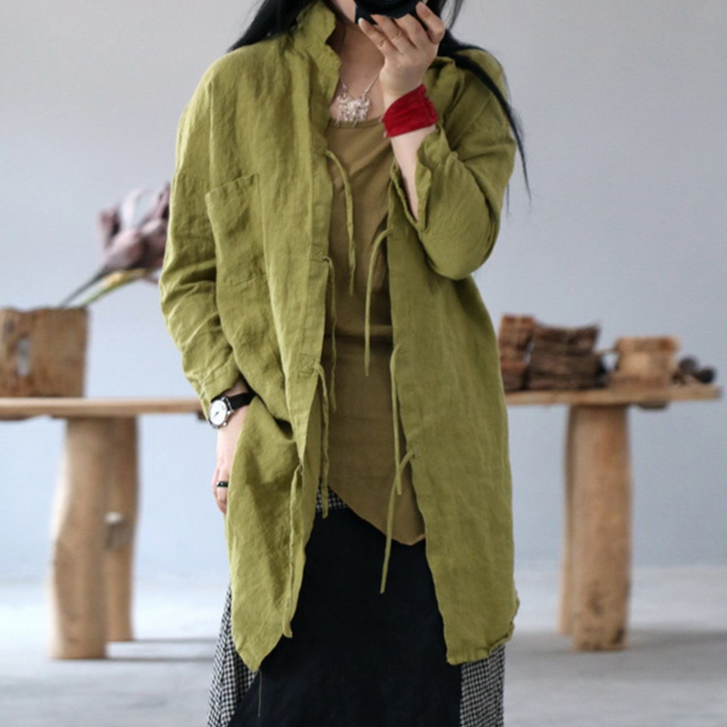 

Johnature Retro Avocado Green Turn-down Collar Linen Lace Up Shirts Autumn Loose Leisure Fashion Women Tops Shirts 210521