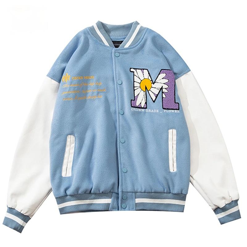 

Men's Jackets Patchwork College Baseball Men Hip Hop Letter Flower Embroidery Mens Oversized Streetwear Varsity Bomber Coats, H-black