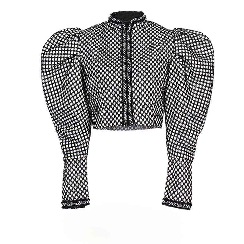 

Chic Street Style Dot Print Crop Jackets Women Spring Puff Sleeve Stand Collar Silm Coats Casual All-match Female Tops 210525, Photo color
