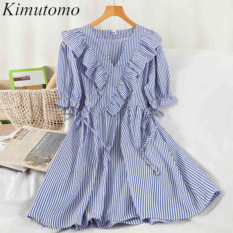 

Kimutomo Striped Ruffled Dress Women Summer Korean Chic Fashion Elegant V-neck High Waist Lace Up Vestido Feminino 210521, Blue