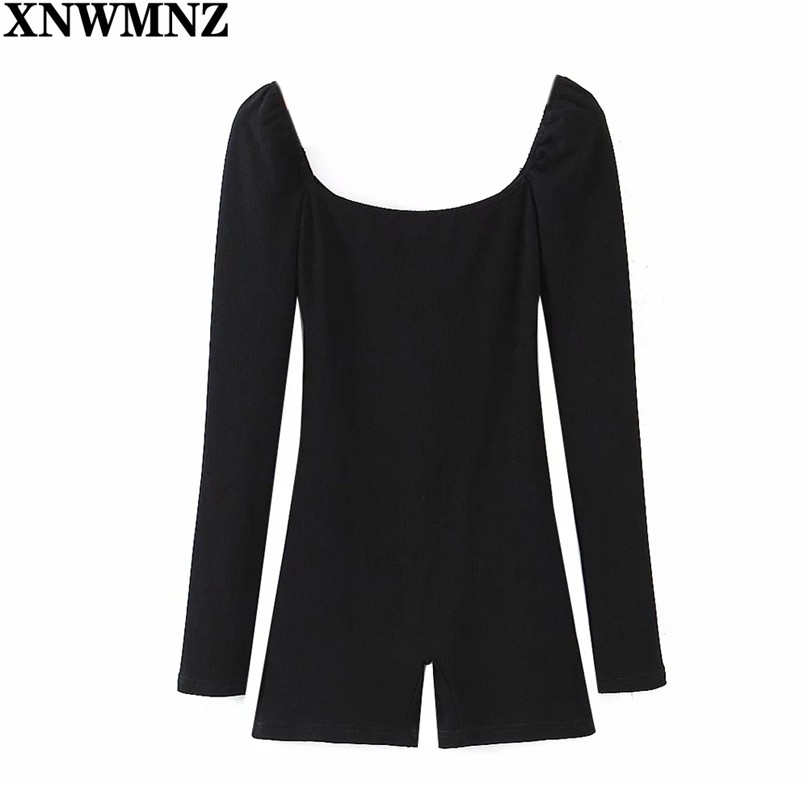 

Black Ribbed Square Collar Sexy Rompers Womens Jumpsuit Long Sleeve Skinny Summer Playsuits Women Short Jumpsuits 210520