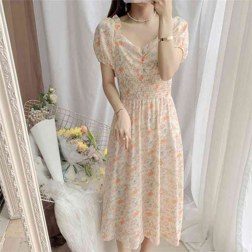 

Floral Chiffon Dress Women V-neck Puff Sleeve Vintage Retro A-Line Korean Style Summer Elegant French 210519, Green