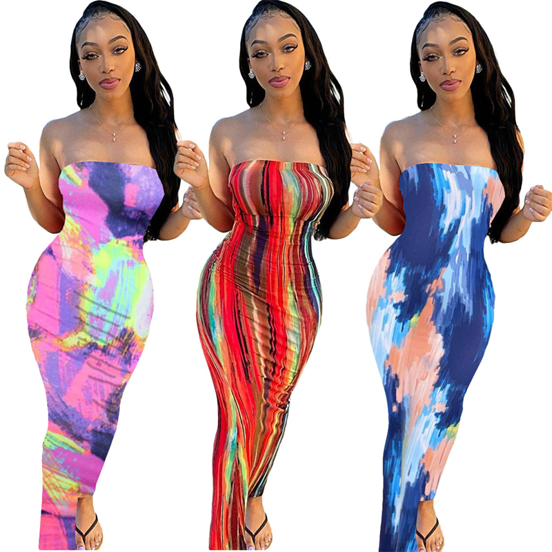 

Women maxi casual plus size dresses summer clothing tie dye sexy & club beachwear strapless chest wrap sleeveless sheath column off shoulder holiday party dress 01264, Blue