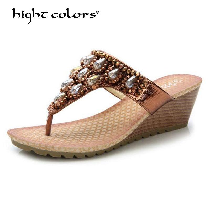 

Slippers 2021 Brown Gold Wedges Shoes Women Sandals Fashion Flip Flops Summer Style Crystal High Heels Solid 333-1, Black