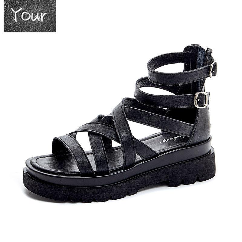 

Sandals Summer Cool Booties Women Height Increasing Split Leather White Hollow Out Zipper Shoes, Black