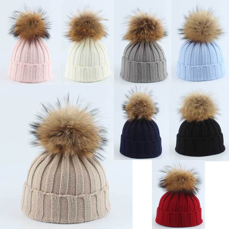 

Christmas Baby Kids vertical stripe knitted hat girls faux fur pompon beanie boys crochet edge caps autumn winter children warm accessoires, Pick colors and quantity