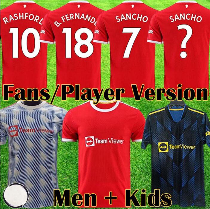 

Thailand SANCHO Manchester soccer jerseys UNITED Fans Player version BRUNO FERNANDES Lingard UTD RASHFORD football top 2021 2022 men kids ki, White;black