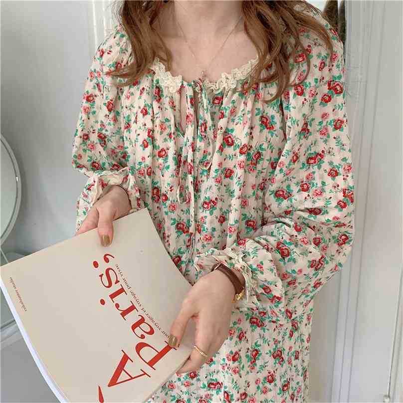 

Roses Sweet Princess Dress Pajamas Printed Chic Girls Homewear Summer Loose Florals Cotton Sleepwear Nightdress 210525, Photo color