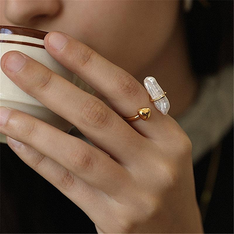 

Wedding Rings Retro Natural Freshwater Pearl Ring For Women Irregular Shaped Adjustable Fashionable Open Jewelry, Slivery;golden