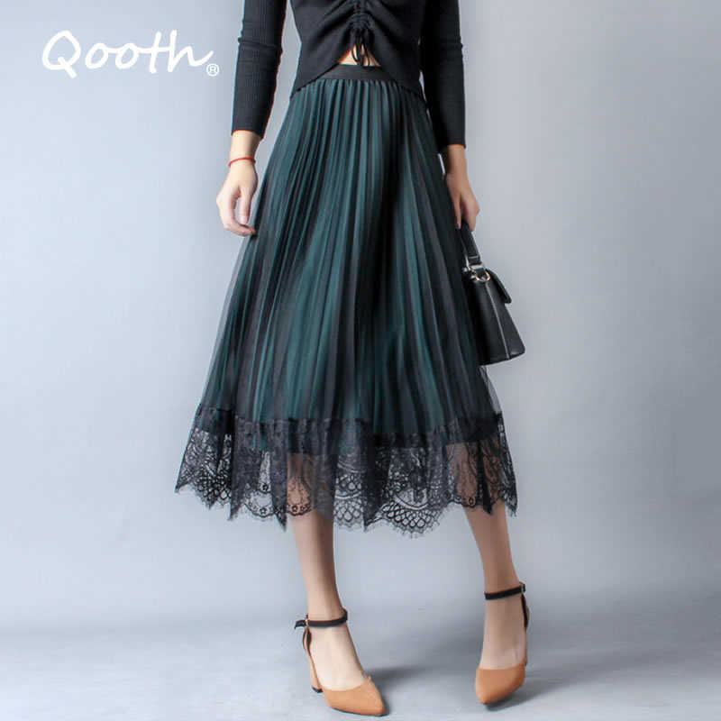 

Qooth Autumn Summer Lace Patchwork Trendy Women Skirts All-match Tulle Pleated Tutu Midi With Lining QT157 210609, Beige