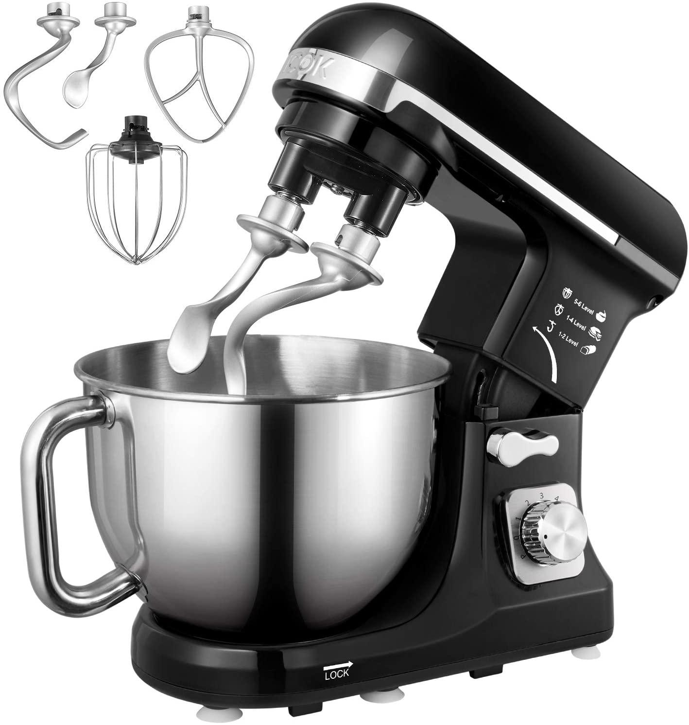 

Aicok Stand Mixer, 5.5 Qt Double Dough Hooks, Whisk, Beater, Stainless Steel Bowl, 6 Speeds Tilt-Head, Cake Make with Pouring Shield Home Kitchen & Commercial Use