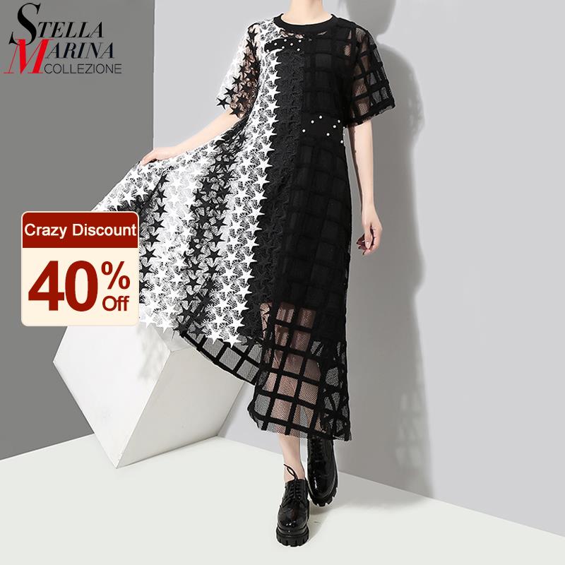 

Summer Woman Black White Transparent Stylish Lace Dress Hollow Out Lady Night Party Sexy Asymmetrical Club Dress Robe Femme 3517, 3517 black and white