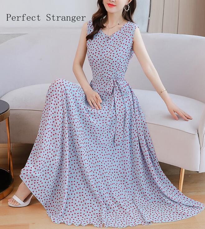 

2021 new arrival elegant plus size s-4xl round collar sleeveless flower printed women chiffon long dress, Black;gray
