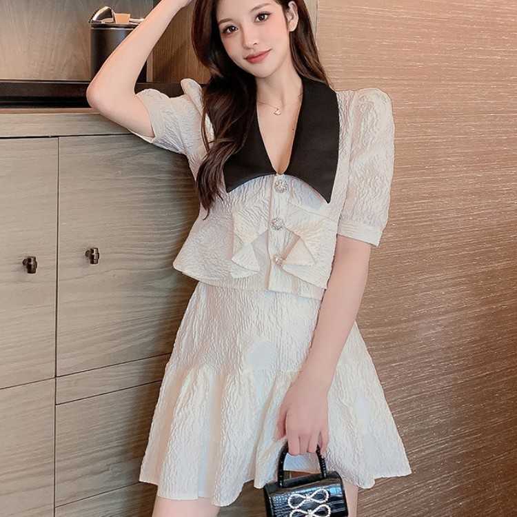 

2 Pieces Set Summer Fashion Sweet Hit Color Turn Down Collar Puff Sleeve Shirt Top + High Waist A-Line Short Skirt Lady Suit 210526, Photo color