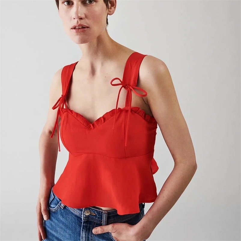 

Flower Sexy V-neck bow decorated waist camisole 210524, Red
