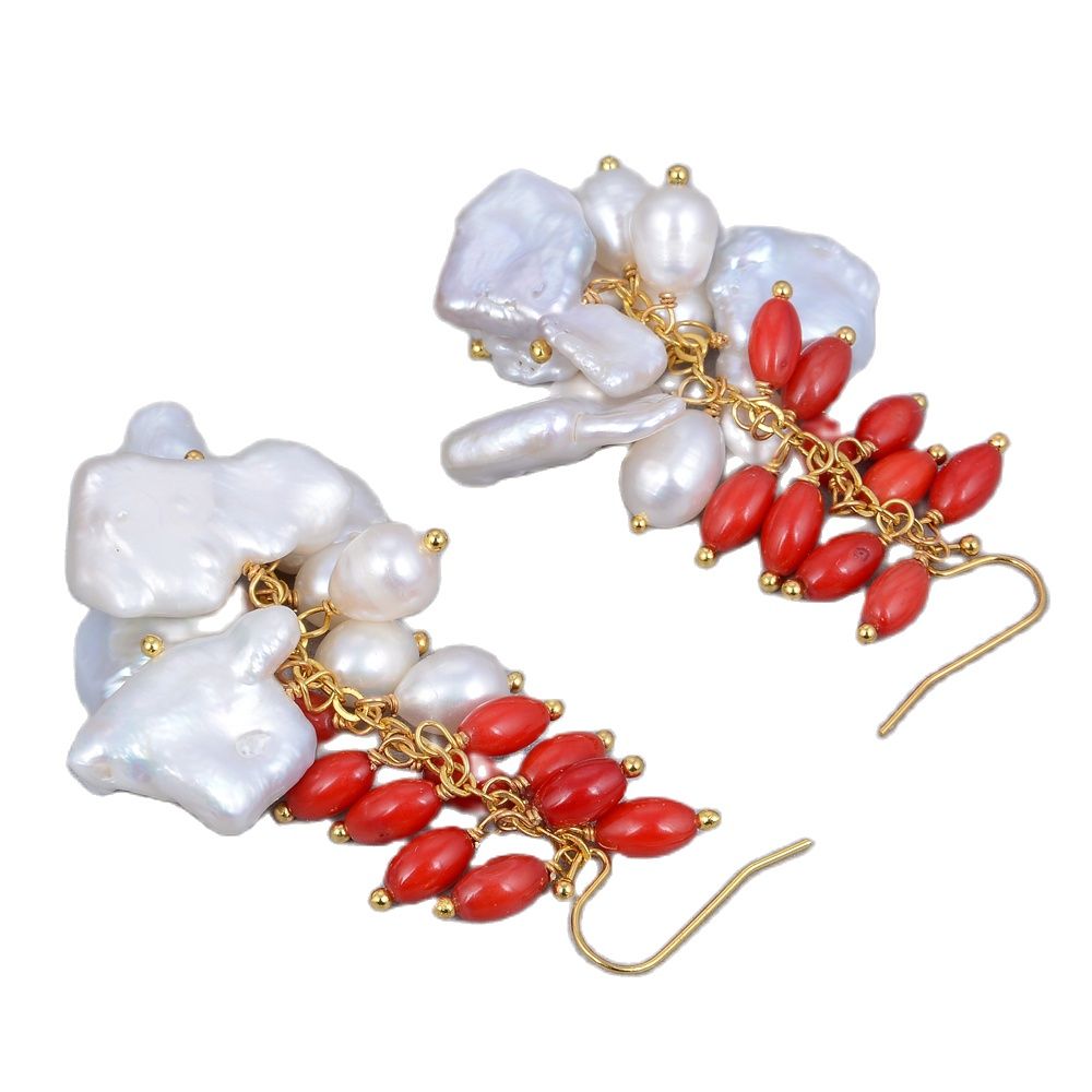 

GuaiGuai Jewelry Natural White Cultured Keshi Pearl Red Rice Coral Hook Earrings For Women Lady Girl Gift Jewelry