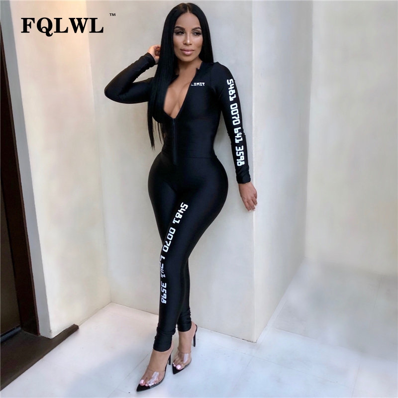 

FQLWL Long Sleeve Black Bodycon Female Jumpsuit For Women Playsuit Letter Print Zipper Skinny Rompers Womens Jumpsuit Overalls