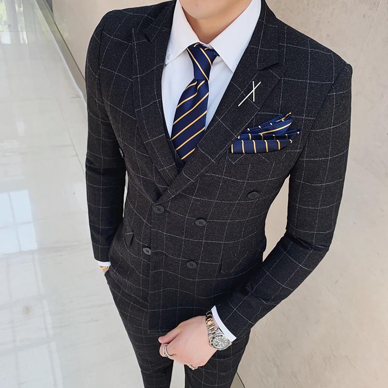 

Men's Suits & Blazers 7XL ( Jacket + Vest Pants ) High-end Brand Mens Formal Business Double-breasted Plaid Suit 3 Pcs Sets Groom Wedding Dr, White;black