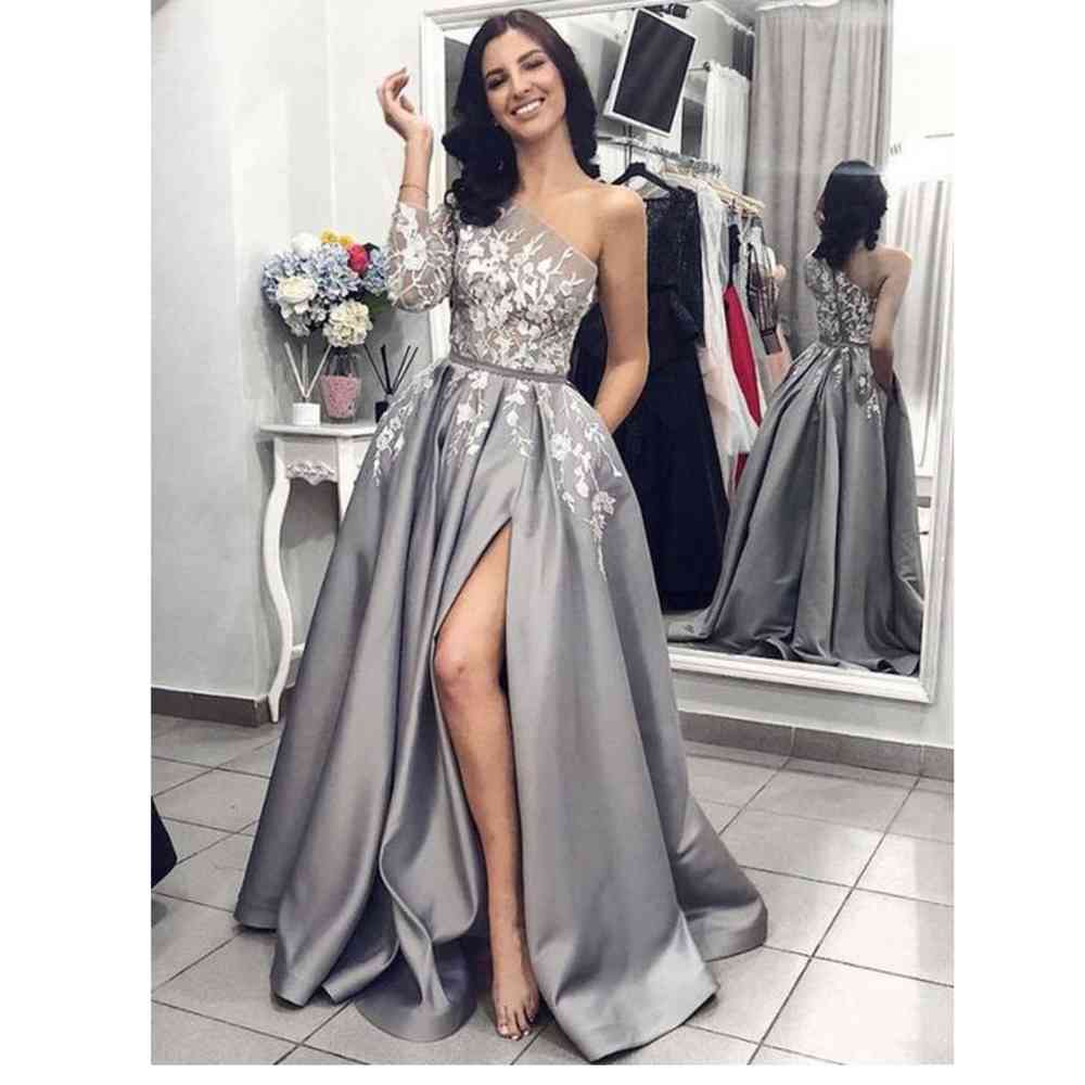 

Vestidos De Fiesta Sexy Satin A Line Long Sleeve 2021 Appliques One Shoulder Prom Dresses High Split Abiye Gece Elbisesi Gala, Light sky blue