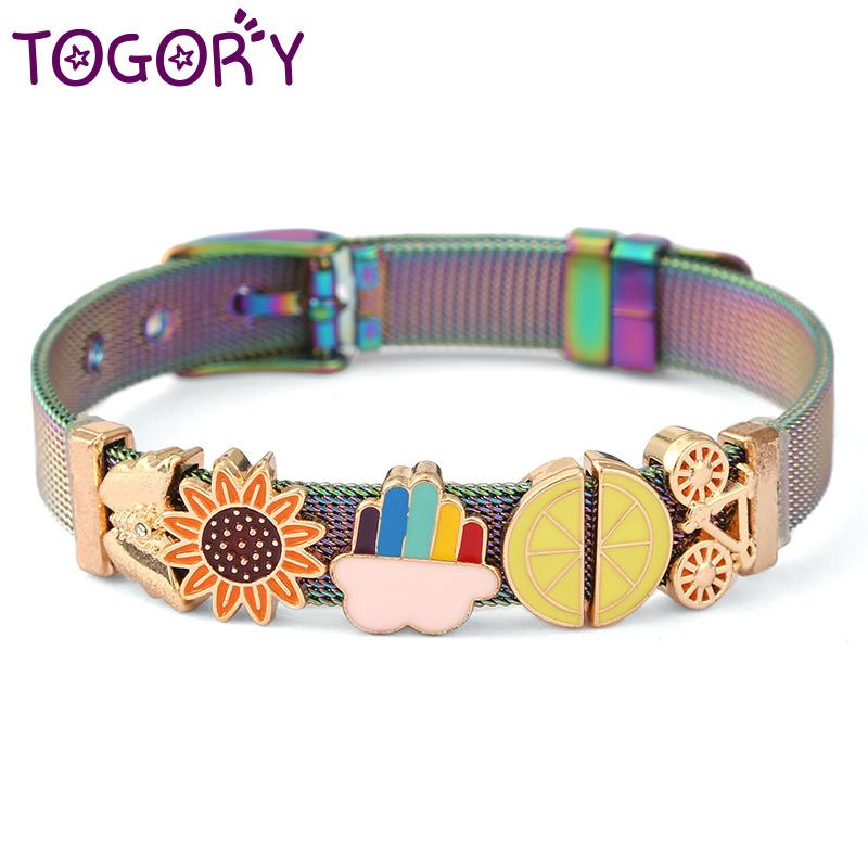 

Beaded, Strands TOGORY Fruit Series Charm Lemon Bicycle Slide Beads 10mm Stainless Steel Mesh Bracelets Bangles For Women Fashion Jewelry Gi, Black