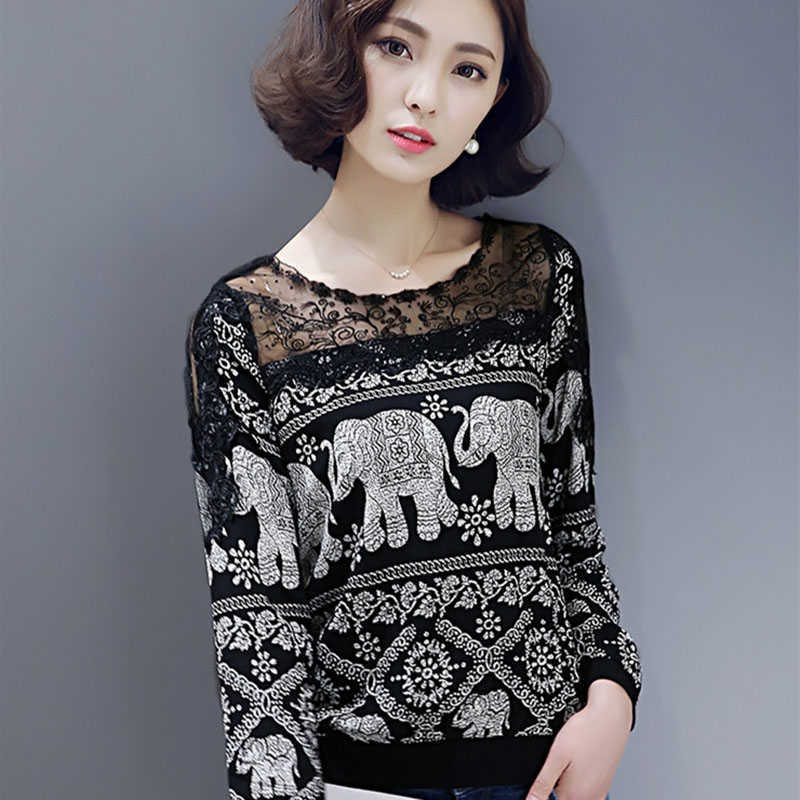 

Lace Blouse Spring Autumn Style Patchwork Long Sleeve O-Neck Casual Blusas Tops Femme Shirts DF1752 210609, Black