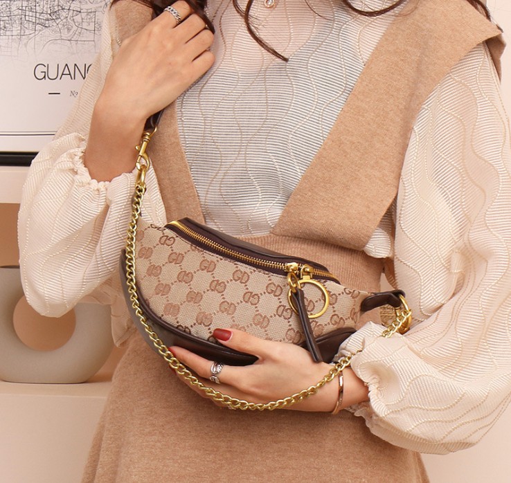 

One Shoulder Cross body Fashion PU Dumpling Bag Waist Handbag Chain Zipper Women's Tote Quality Design Purse, Khaki