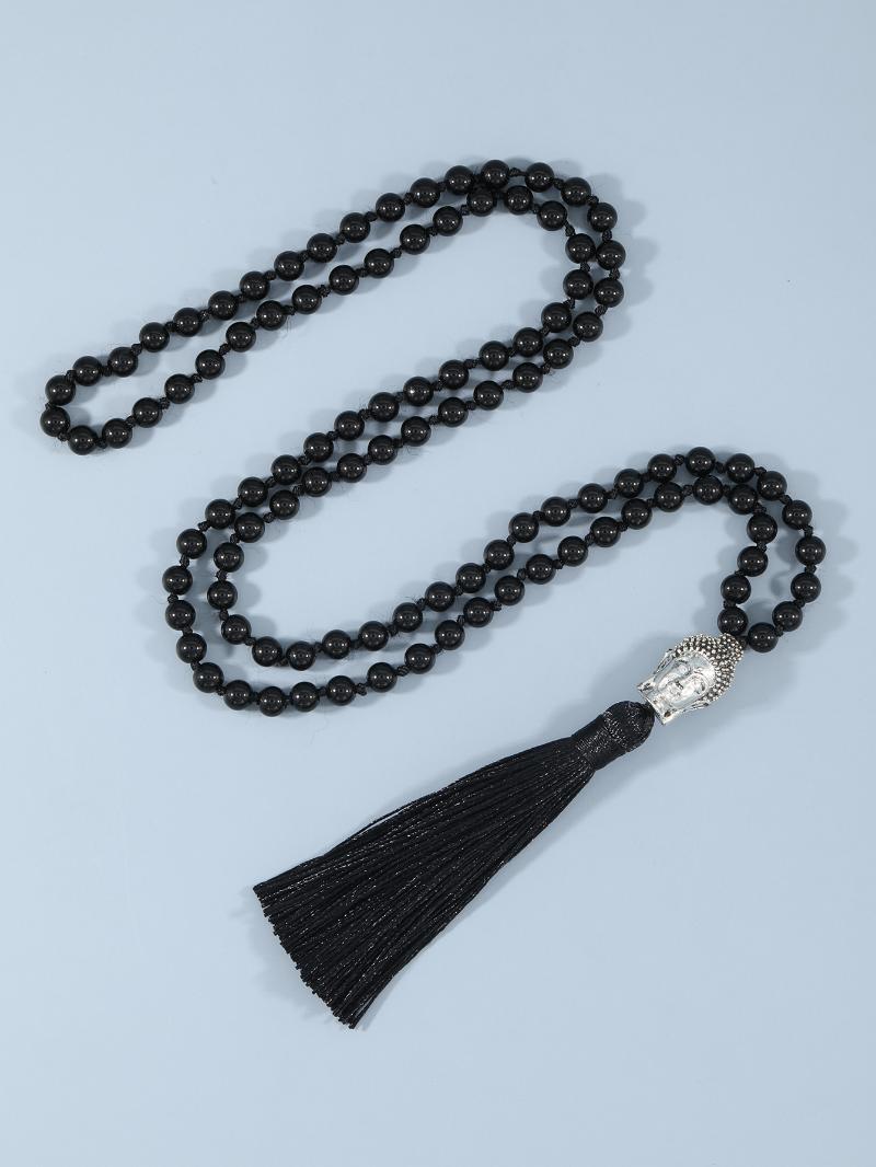 

Pendant Necklaces YUOKIAA Natural Black Onyx Necklace Women Men108 Mala Meditation Beaded Chain With Buddha Head Japamala Tassel Bohemian, Silver