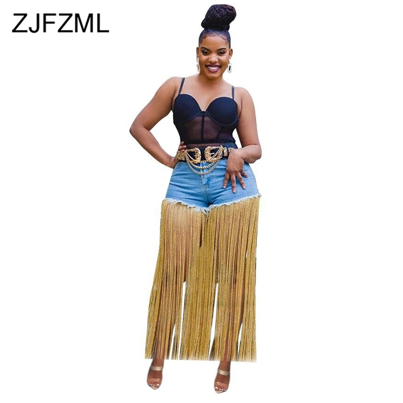 

Yellow Long Tassels Spliced Denim Short Jean Women High Waist Zipper Fly Club Party Pant Streetwear Female Pockets Party Shorts 210520, Light blue