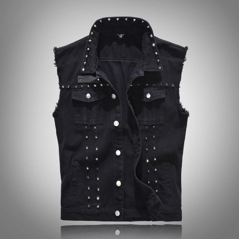 

Men's Vests Spring Denim Vest Men British Style Rivet Cowboy Sleeveless Jackets Fashion Slim Fit Black Jean Waistcoat 5XL