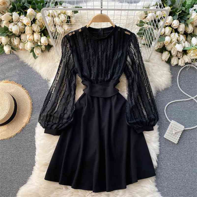 

Women Black Print Long Puff Sleeve Dress Round Collar Waist Slim Fashion Spring Summer 11B736 210525