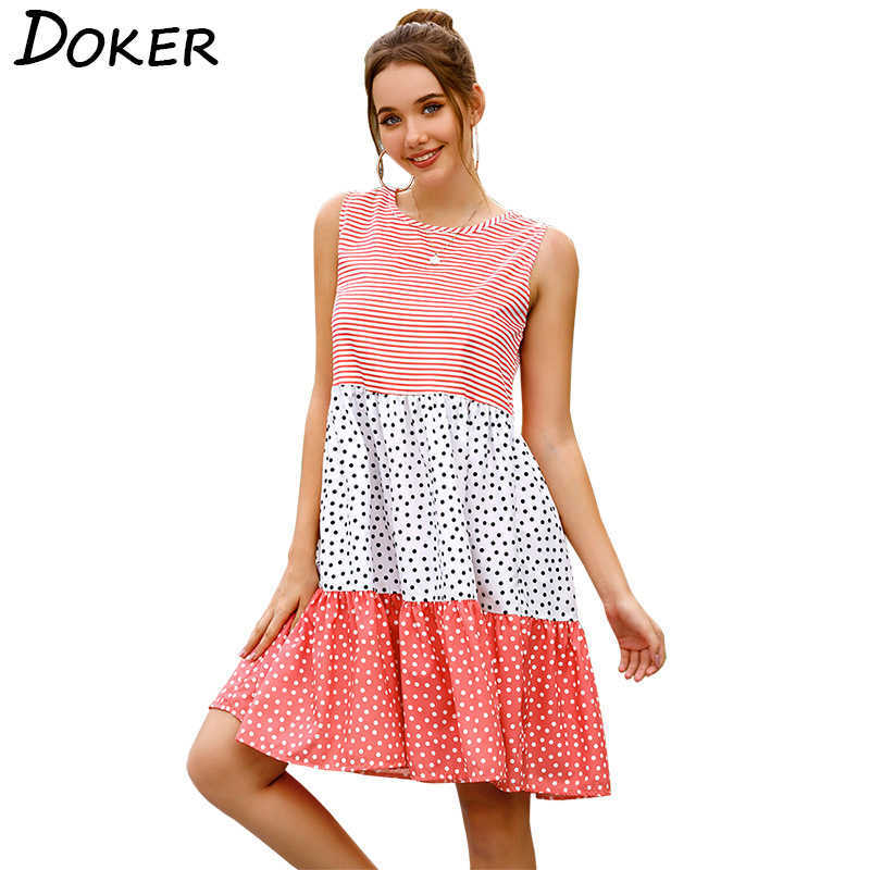 

Polka Dot Patchwork Pleated Big Swing Sleeveles Dress Casual Loose O Neck Party Beach Holiday Female Dresses 210604, Pink