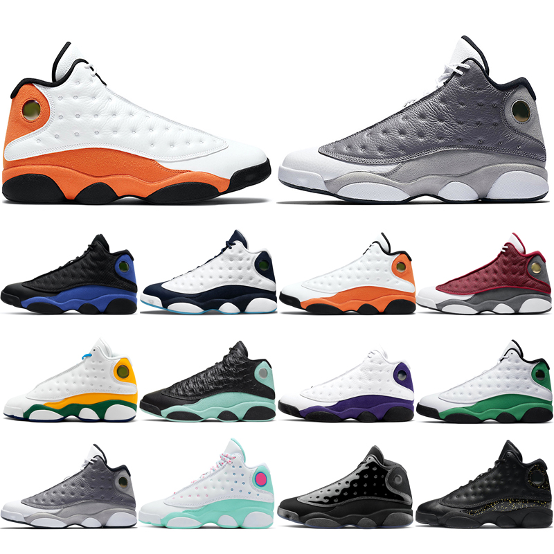 

2021 new man basketball shoes 13s Lakers Atmosphere Grey Aurora Green Cap and Gown Gold Glitter Hyper Royal Island Lucky Obsidian Playground Red Flint classic, Lucky green
